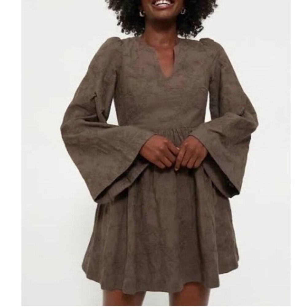 Hyacinth House Becca Bell Sleeved Mini Dress XXS Brown Floral Embroidery Goblin